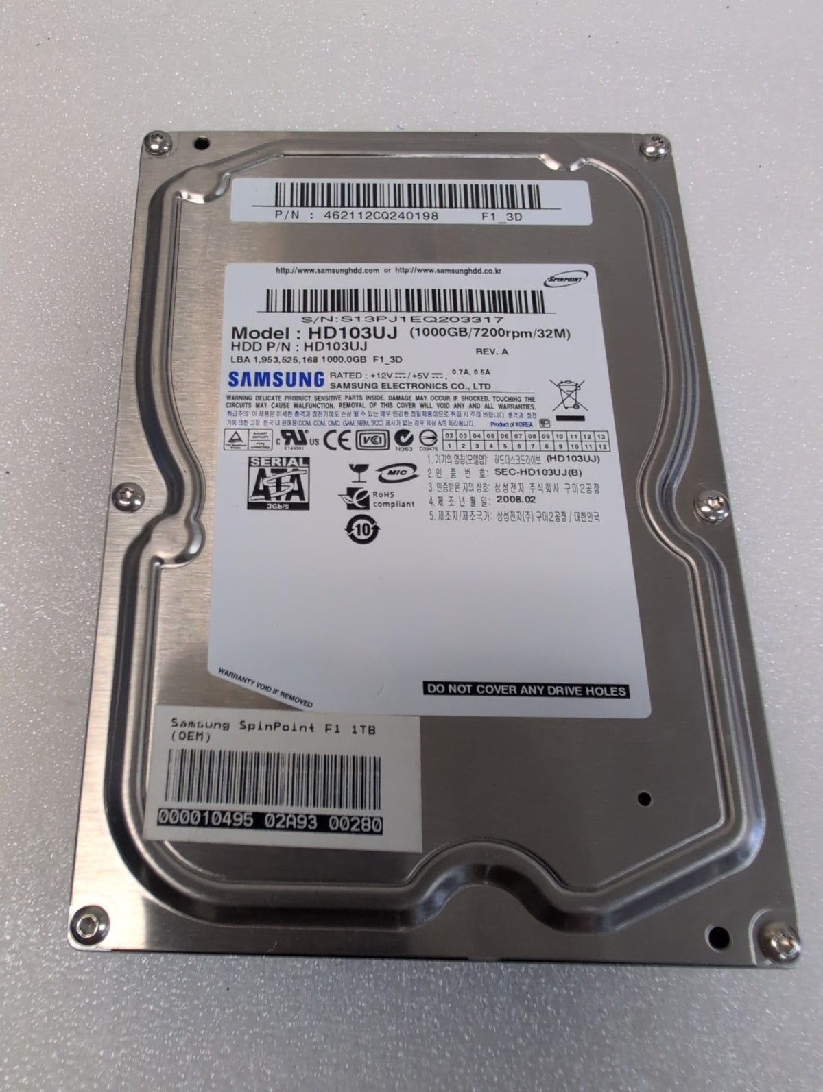 🎸 NICE Samsung HD103UJ 1TB 7200RPM SATA 3.5" Internal HDD (Used time 4 days)