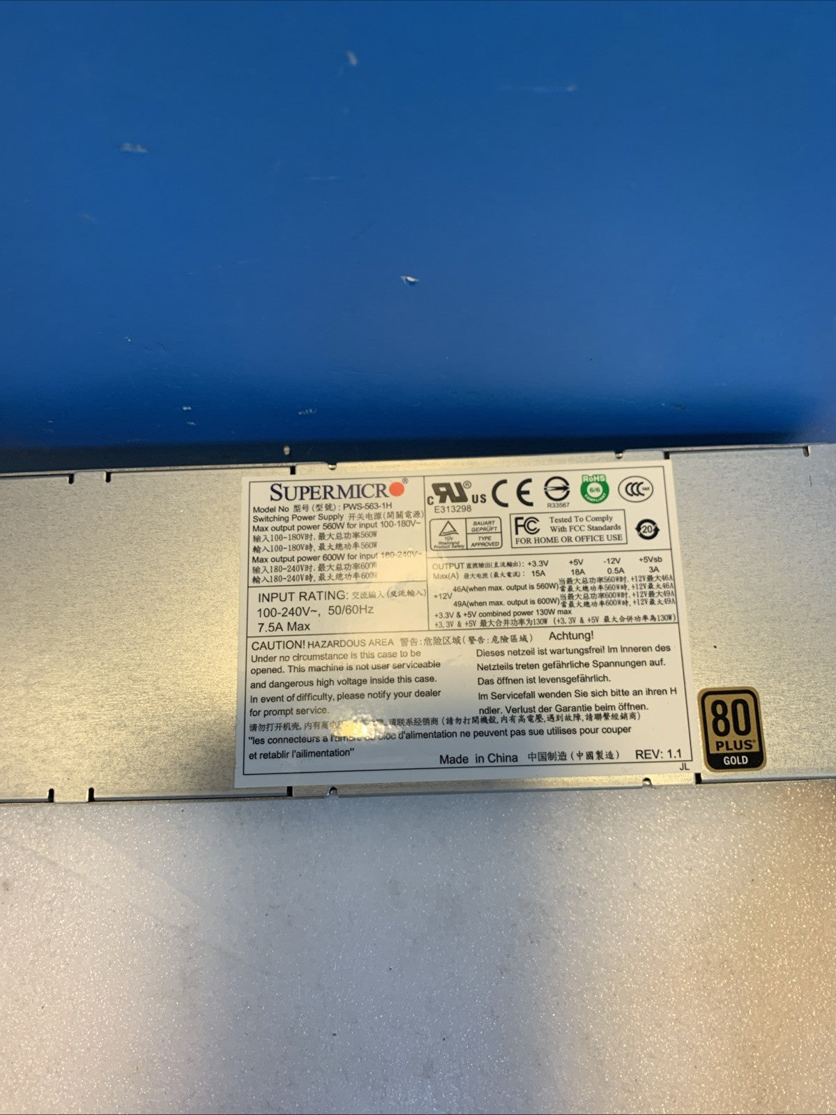 SuperMicro PWS-563-1H 560W 80 Plus Gold Switching Power Supply PSU