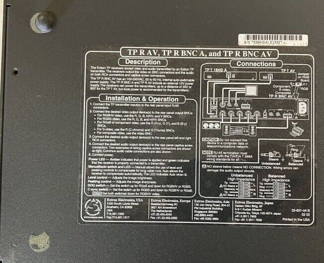 ~ Extron TP R BNC A AV TP Twisted Pair Receiver for RGBHV Audio