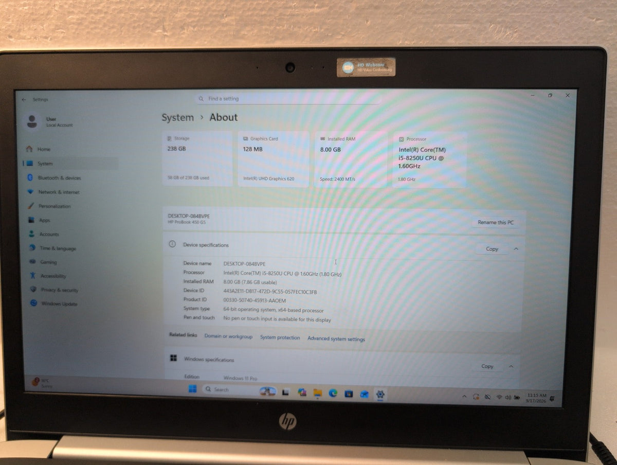🎸 HP ProBook 450 G5 15.6" Laptop Intel i5-8250U 8GB RAM 256GB SSD Win11 Pro