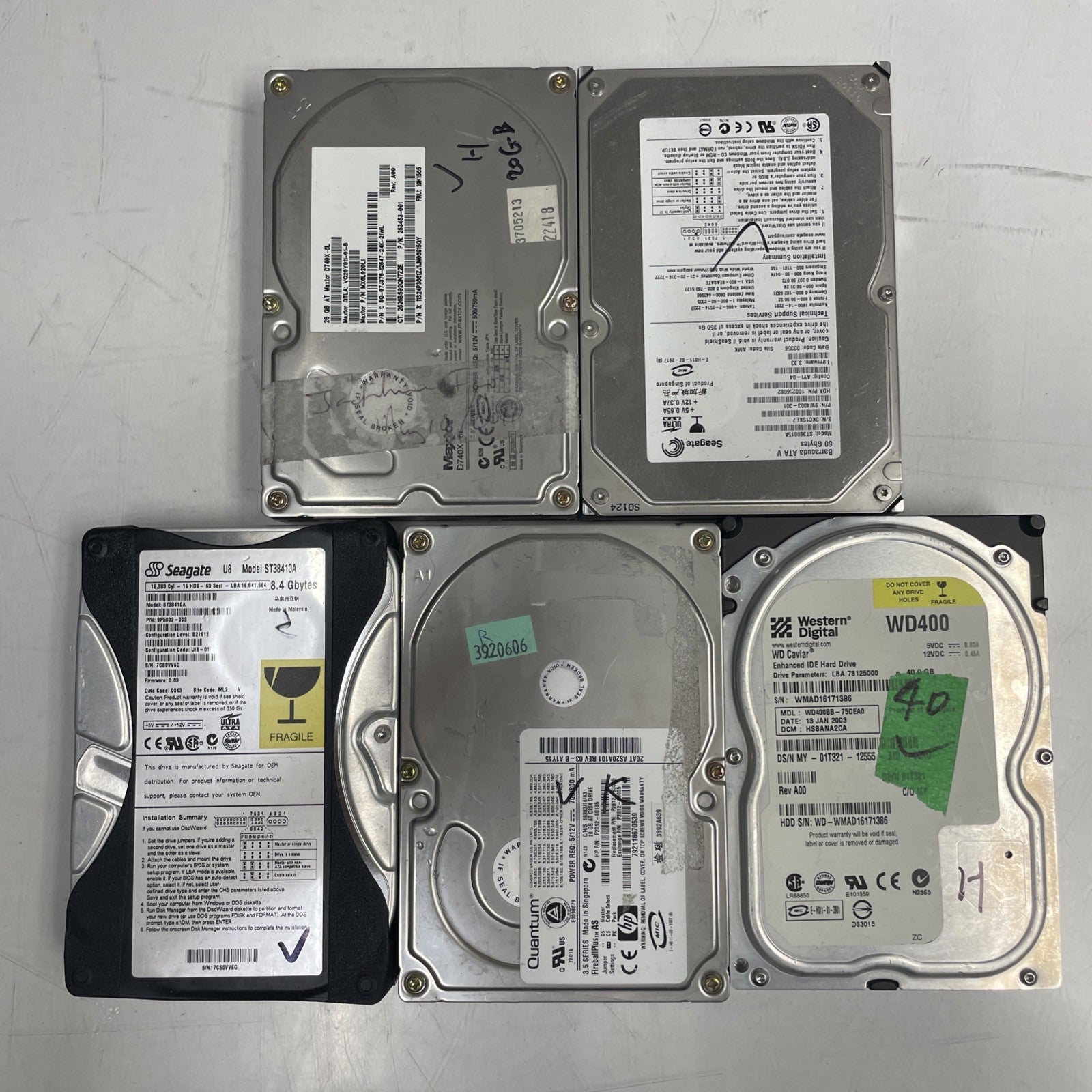 Lot Of 5- Mixed Brand Desktop IDE HDD  3.5” 8.4G/20G/40G/60G +