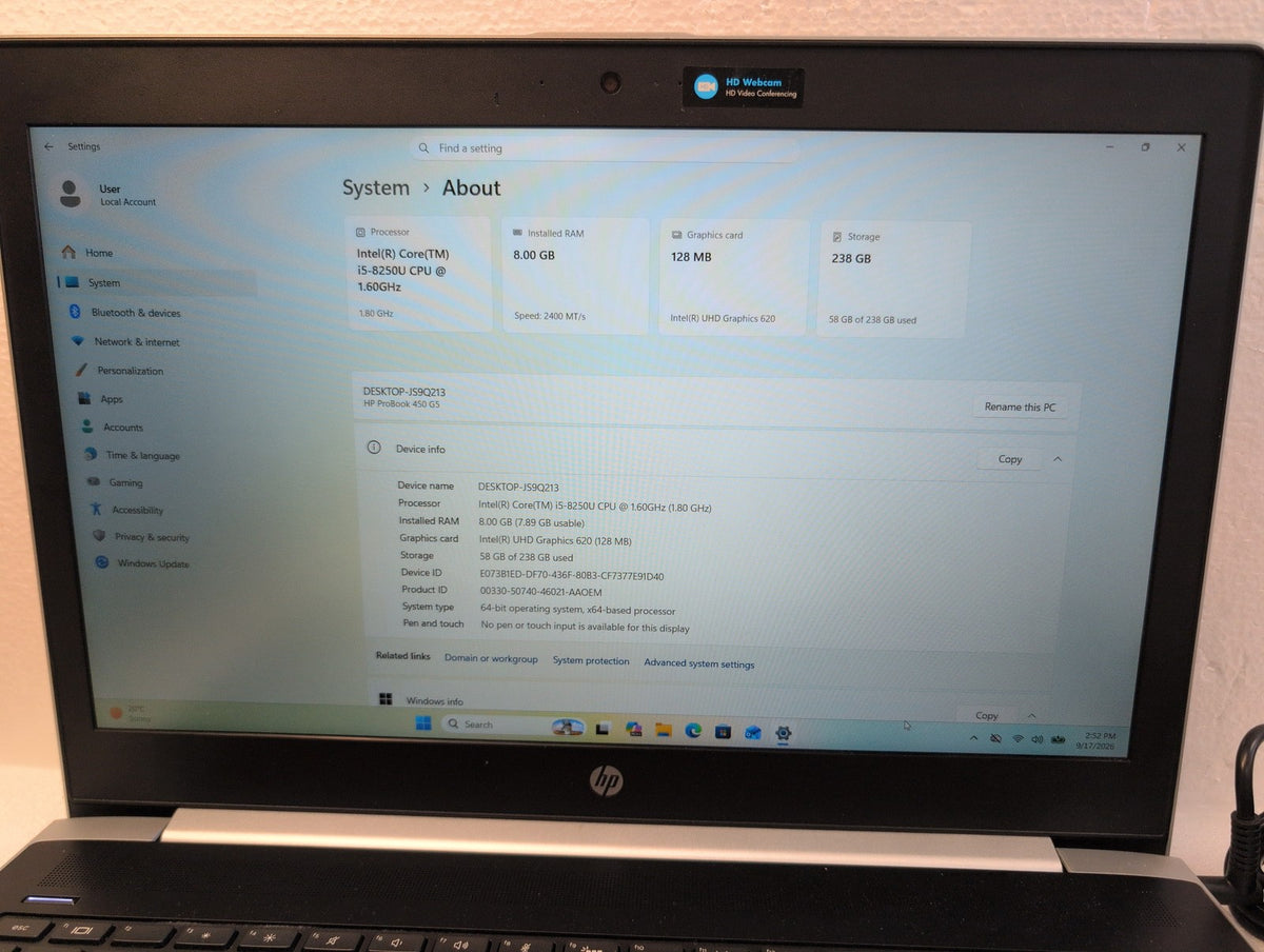 🎸 HP ProBook 450 G5 15.6in Laptop Intel Core i5-8250U 8GB RAM 256GB SSD Win11