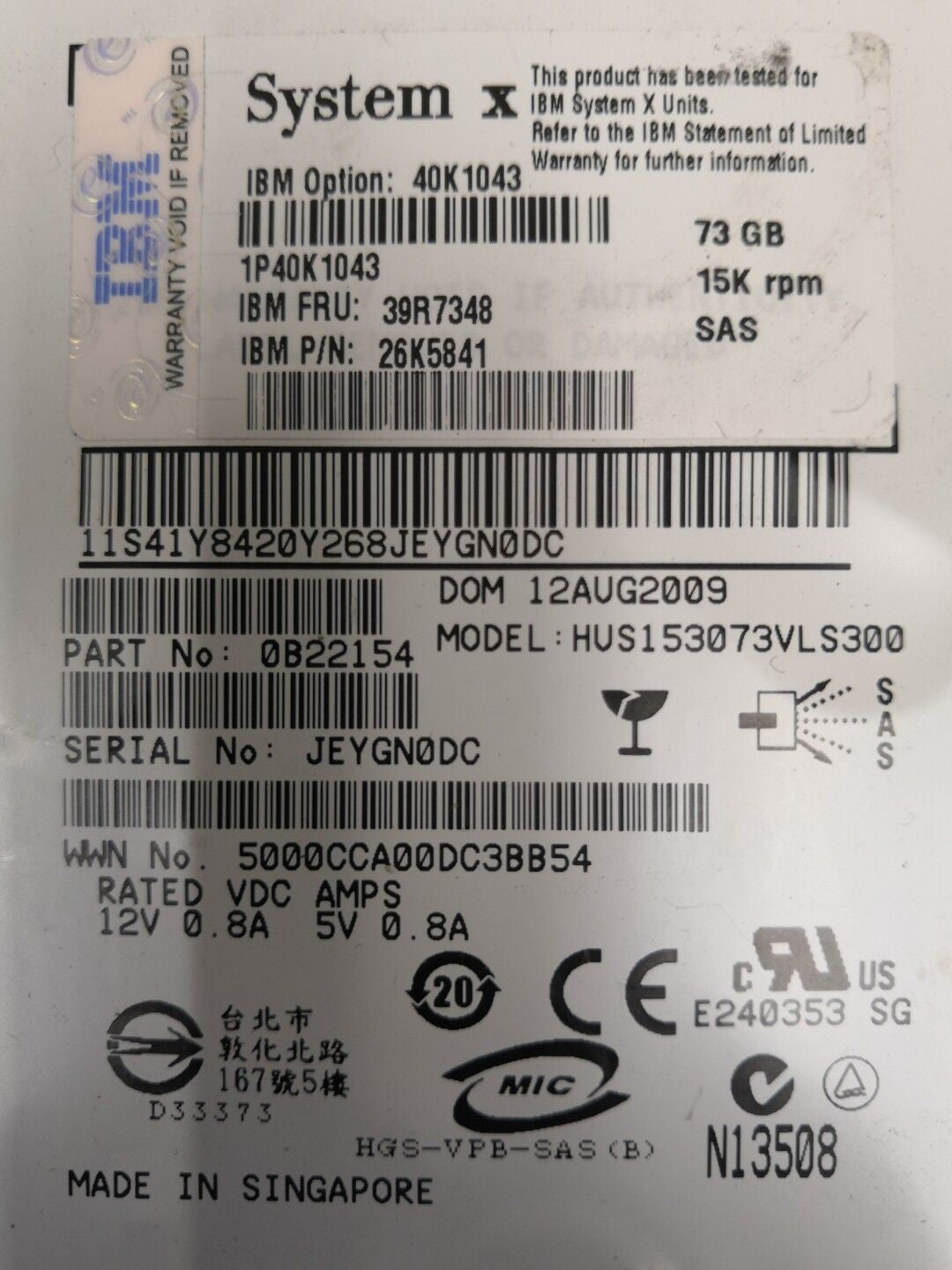 - LOT OF 2 IBM 3.5" 73.4GB 15K SAS HARD DRIVE 26K5841 39R7348 40K1043