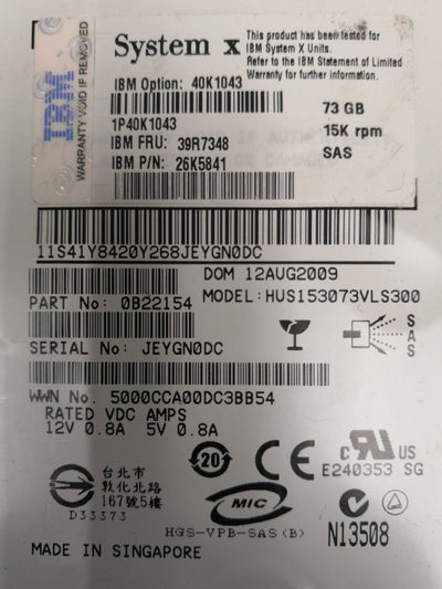 - LOT OF 2 IBM 3.5" 73.4GB 15K SAS HARD DRIVE 26K5841 39R7348 40K1043