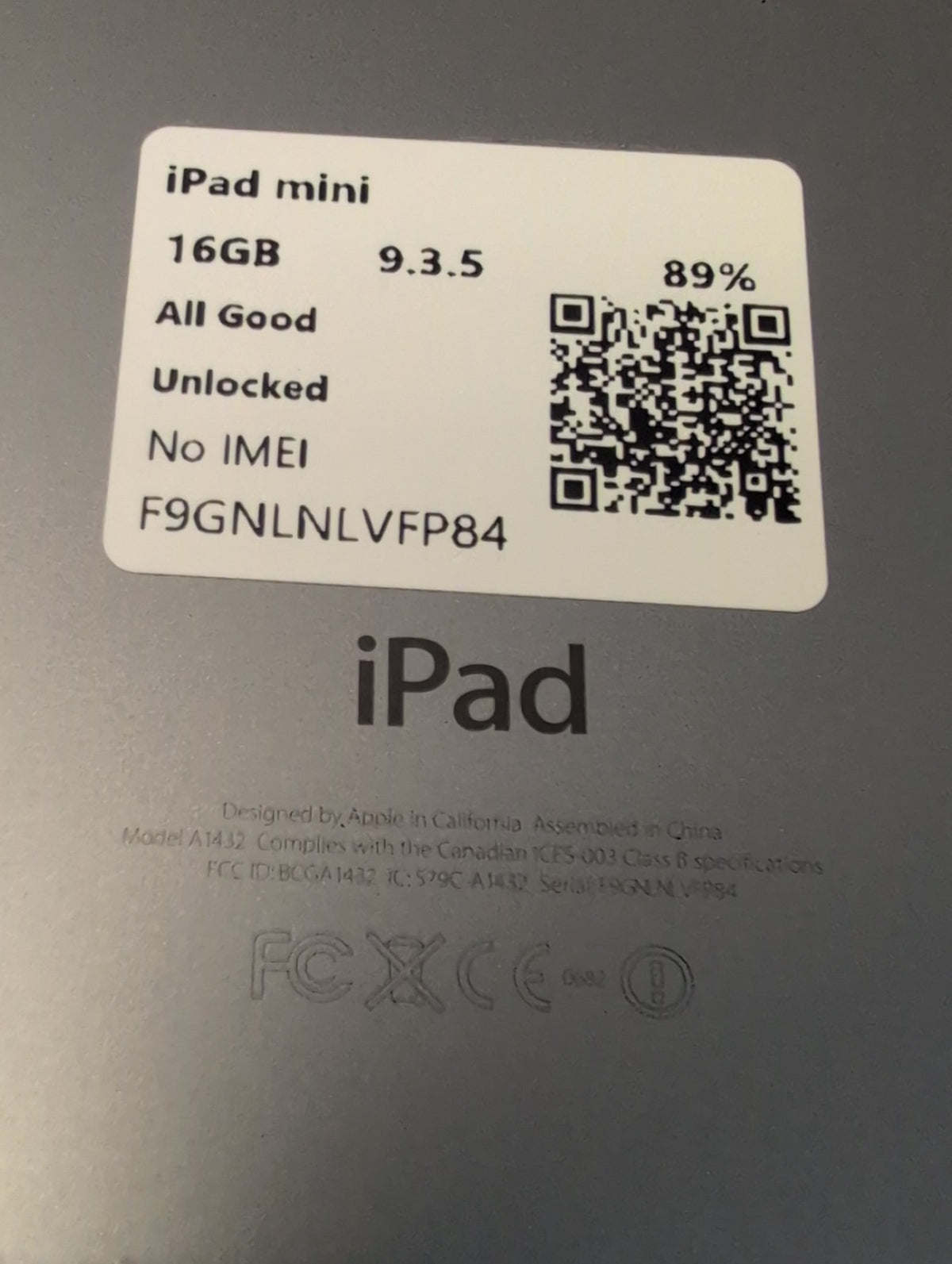 🎸 Apple iPad Mini 1st Generation A1432 16GB Space Gray Wi-Fi Unlocked （read）