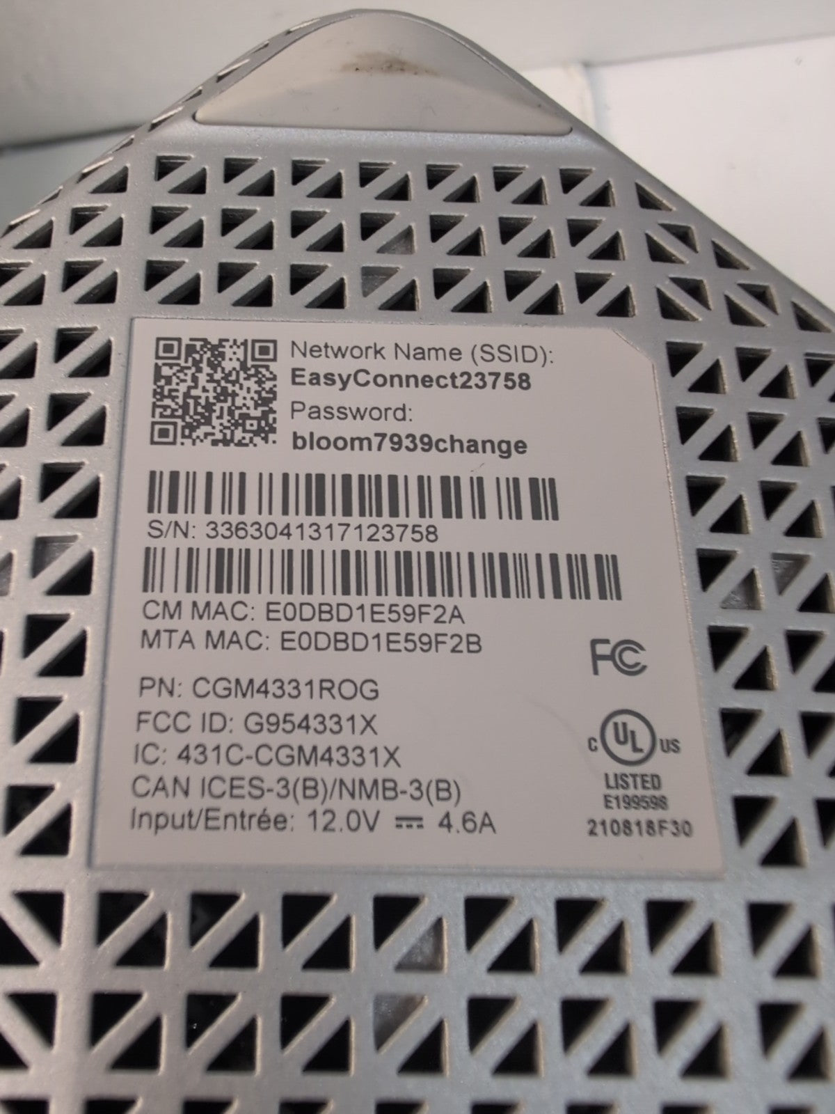 ROGERS CGM4331 CGM4331ROG Wi-Fi  Gateway Router (NO AC) -