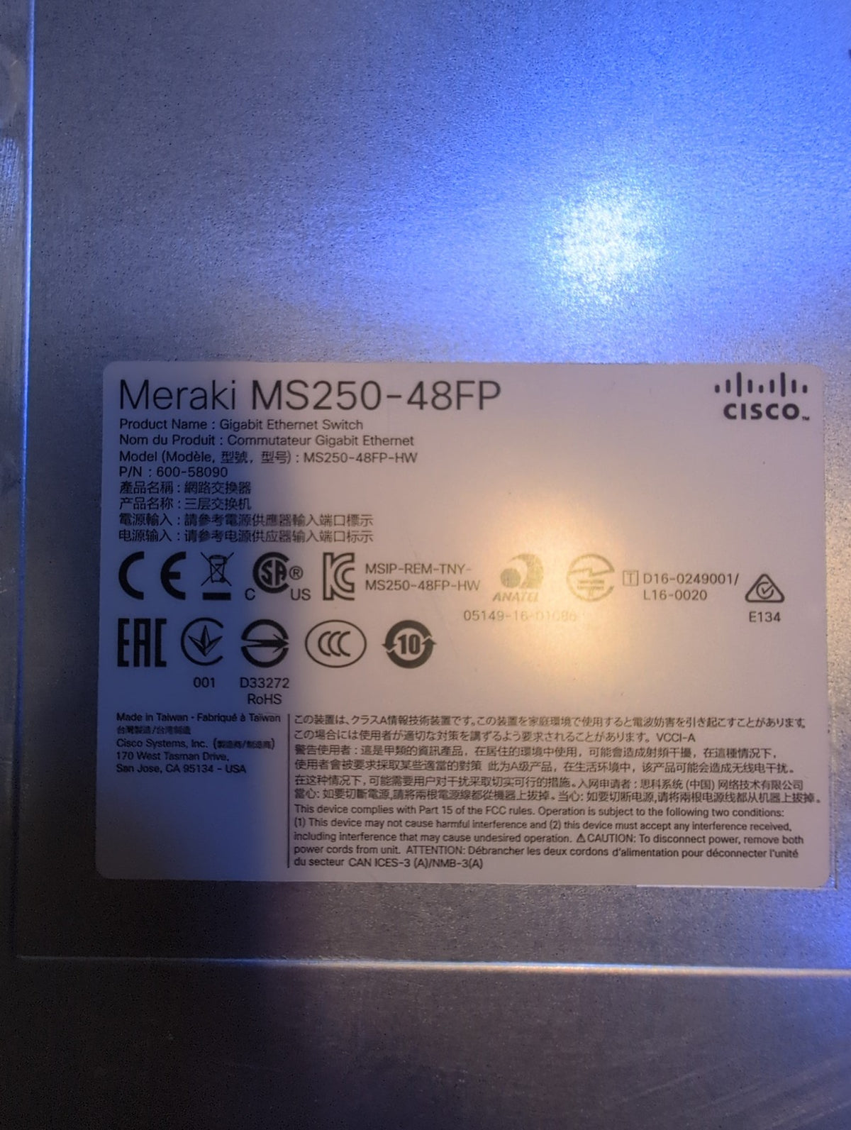 🎸 Cisco Meraki MS250-48FP-HW 48-Port Gigabit PoE Switch (NO PSU, AS IS)