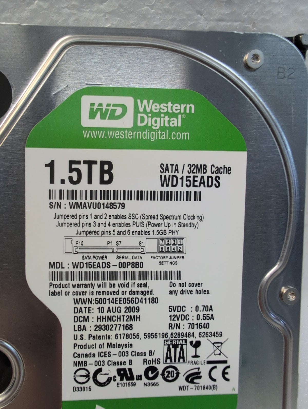🎸 Western Digital WD15EADS-00P8B0 1.5TB SATA 3.5in HDD (17 days used time)
