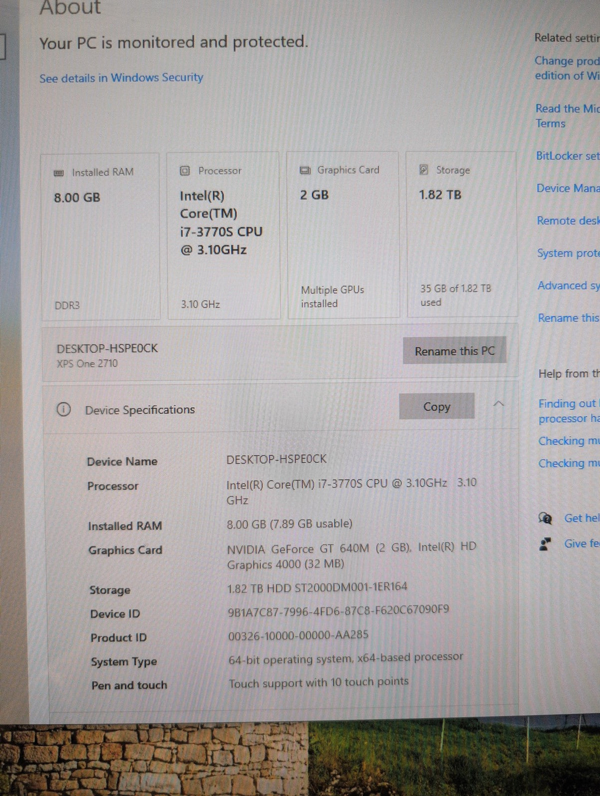 Dell XPS One 2710 27" All-in-One Touch Desktop i7-3770S/8GB RAM/2TB HDD/Win 10 -