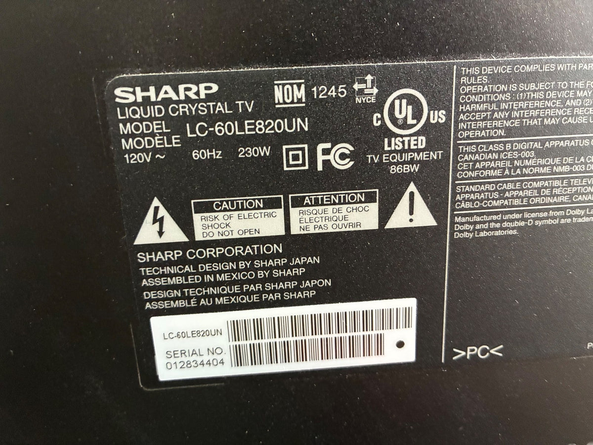 🔥 Sharp LC-60LE820UN Main Board KF452 XF452WJZZ Replacement Part LCD TV