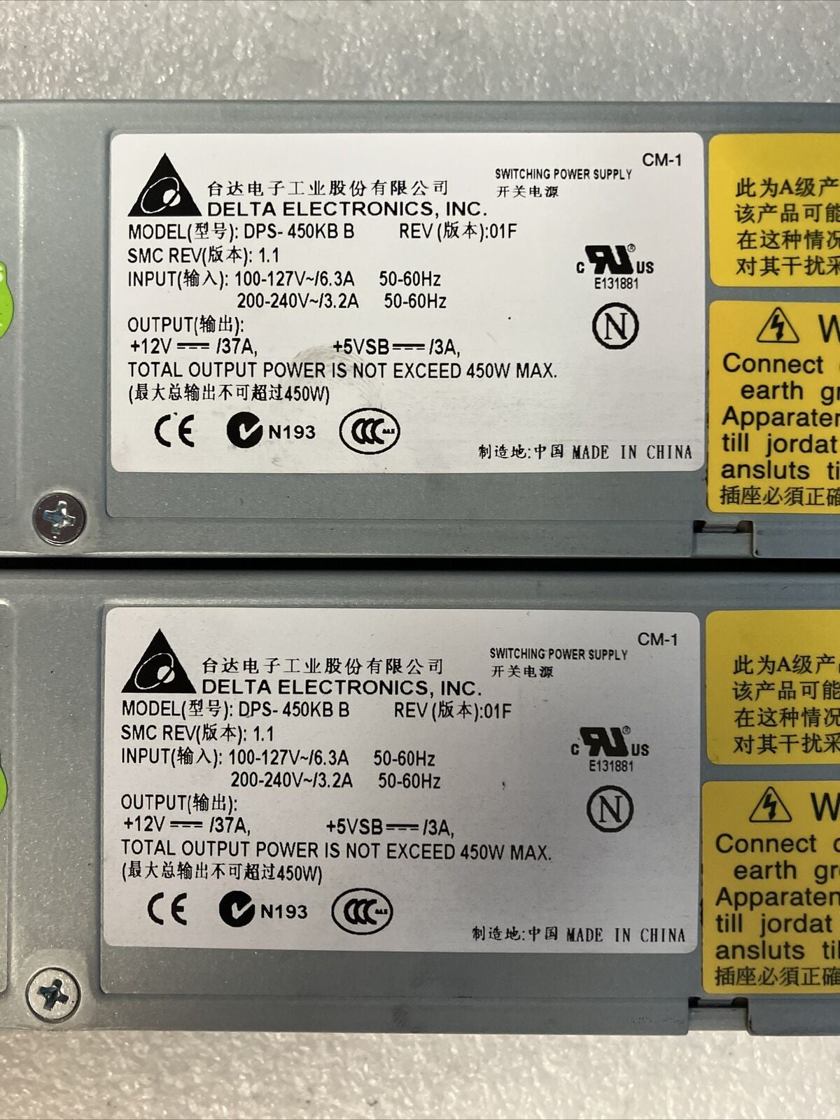 (Lot of 2x) DELTA ELECTRONICS PWS-451-1R DPS-450KB 12V-37A 450W Power Supply ~