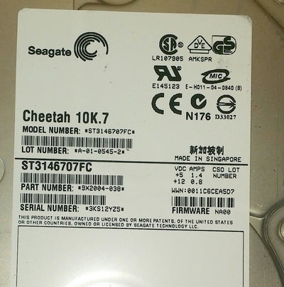 DS14 MK 2 FC Seagate 10K.7 ST3146707FC 9X2004-038 FW: NA00 w/ tray 108-00030+B0