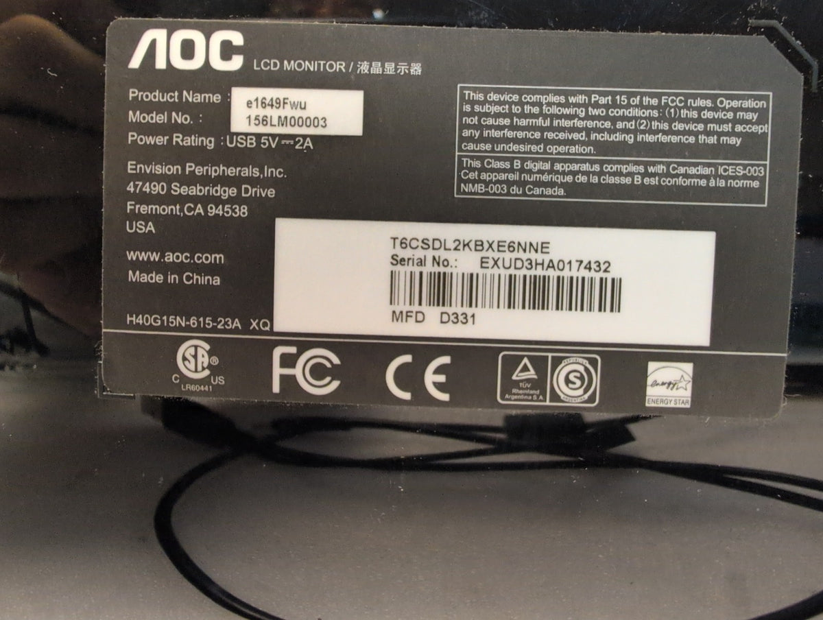 🎸 AOC e1649Fwu 15.6in Portable USB-Powered LCD Monitor Black Fold-Out Stand