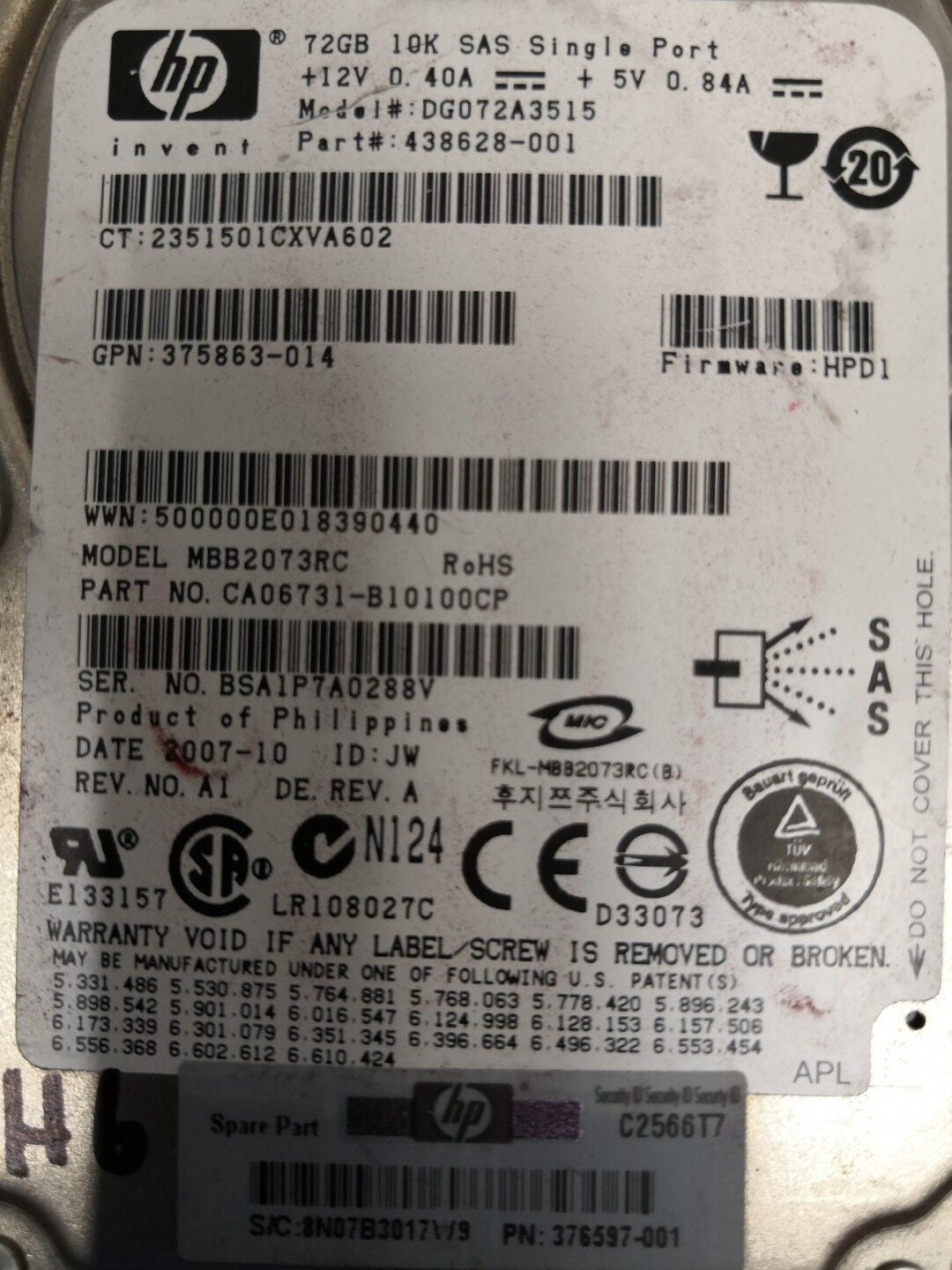 - HP 72GB 10K SAS SFF 2.5"  HDD 376597-001 375863-014 DG072A3515 438628-001 @@@