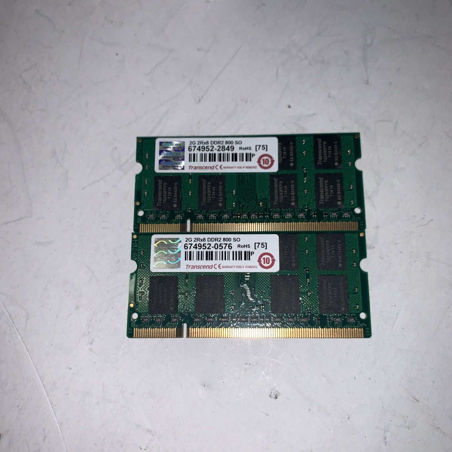 Lot of 2 Transcend 2GB 2RX8 DDR2 800  PC6400 800MHZ laptop memory