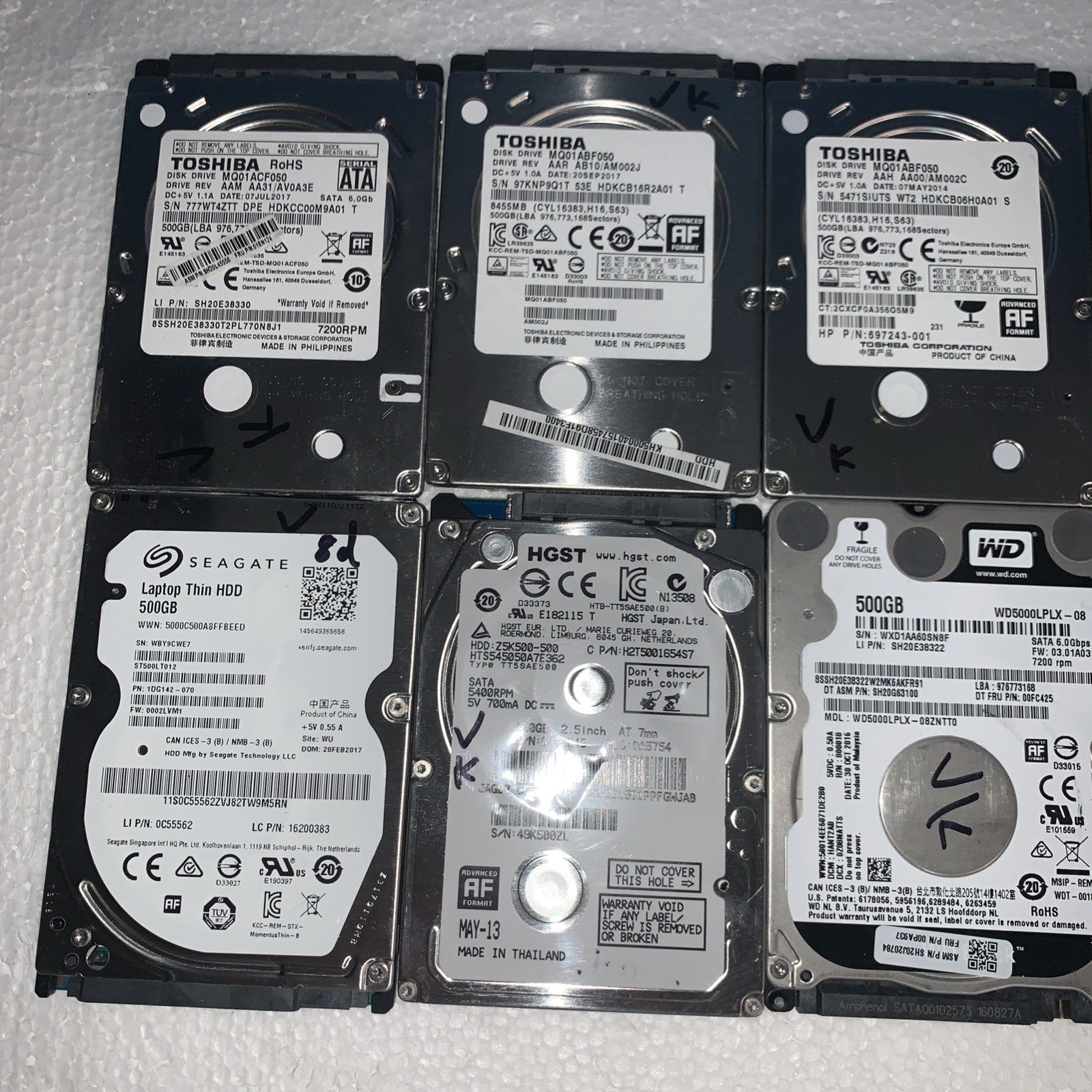 (10x) Mixed 500GB HDD 2.5" Laptop Hard Drive (1000+ days lifespan remaining)