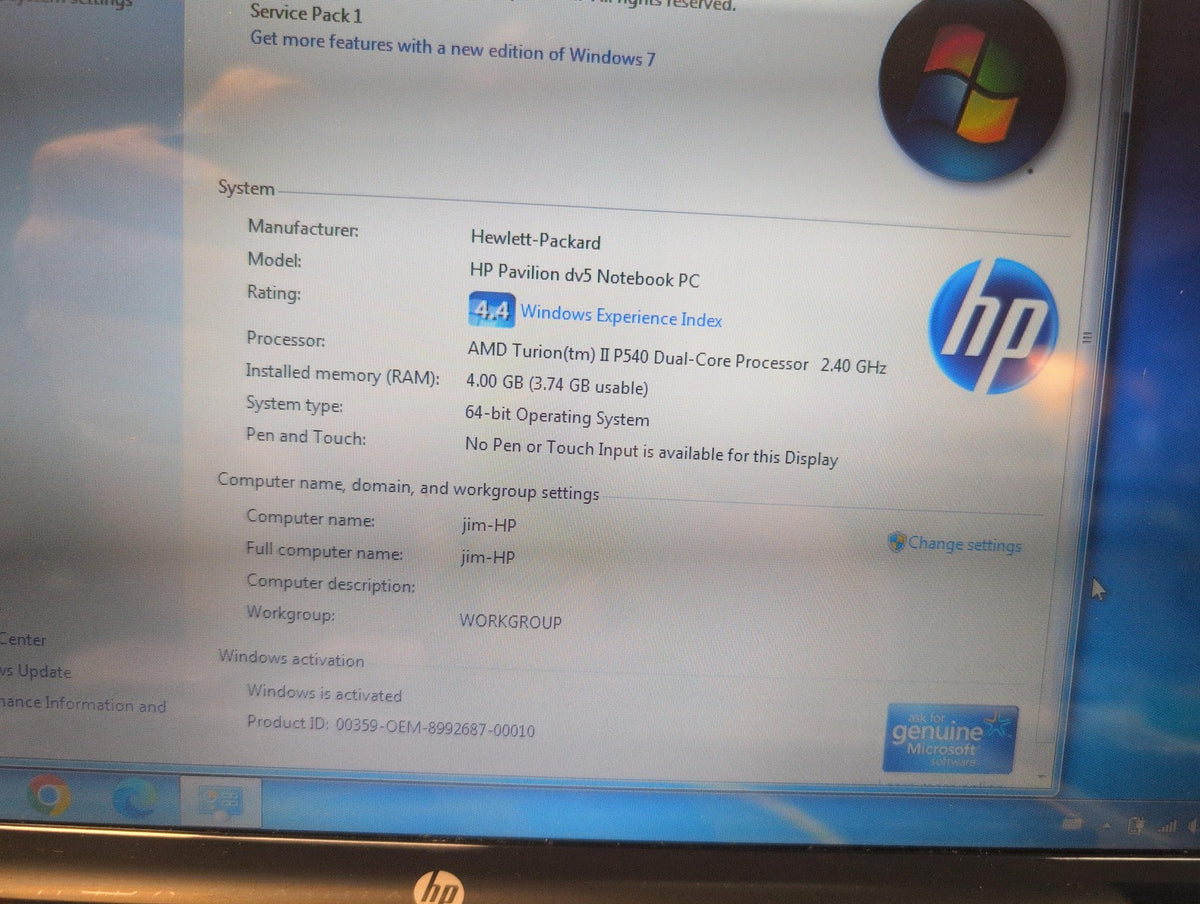 HP Pavilion dv5 Notebook 14" AMD Turion II P540/4GB RAM /500GB HDD/ Win 7 -