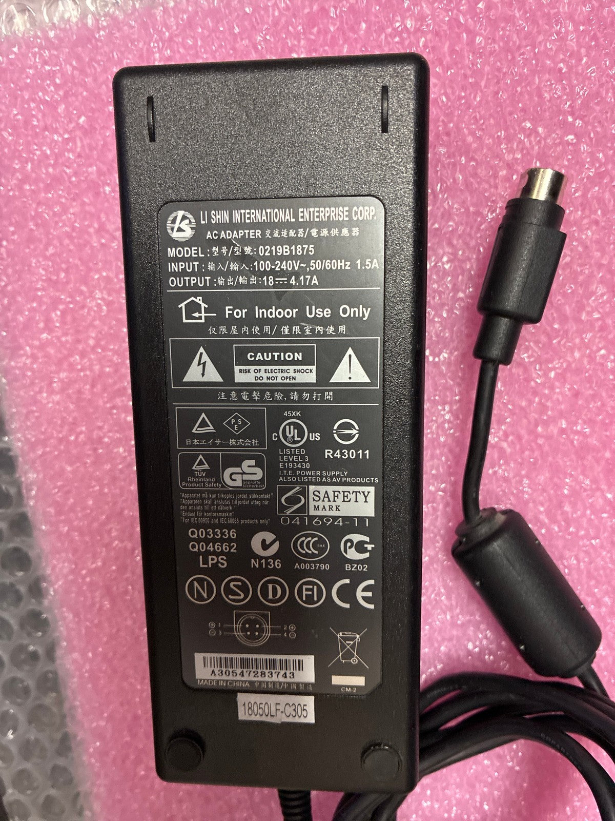 🔥 Li Shin International 0219B1875 AC Adapter 18V 4.17A 75W 4-Pin DIN