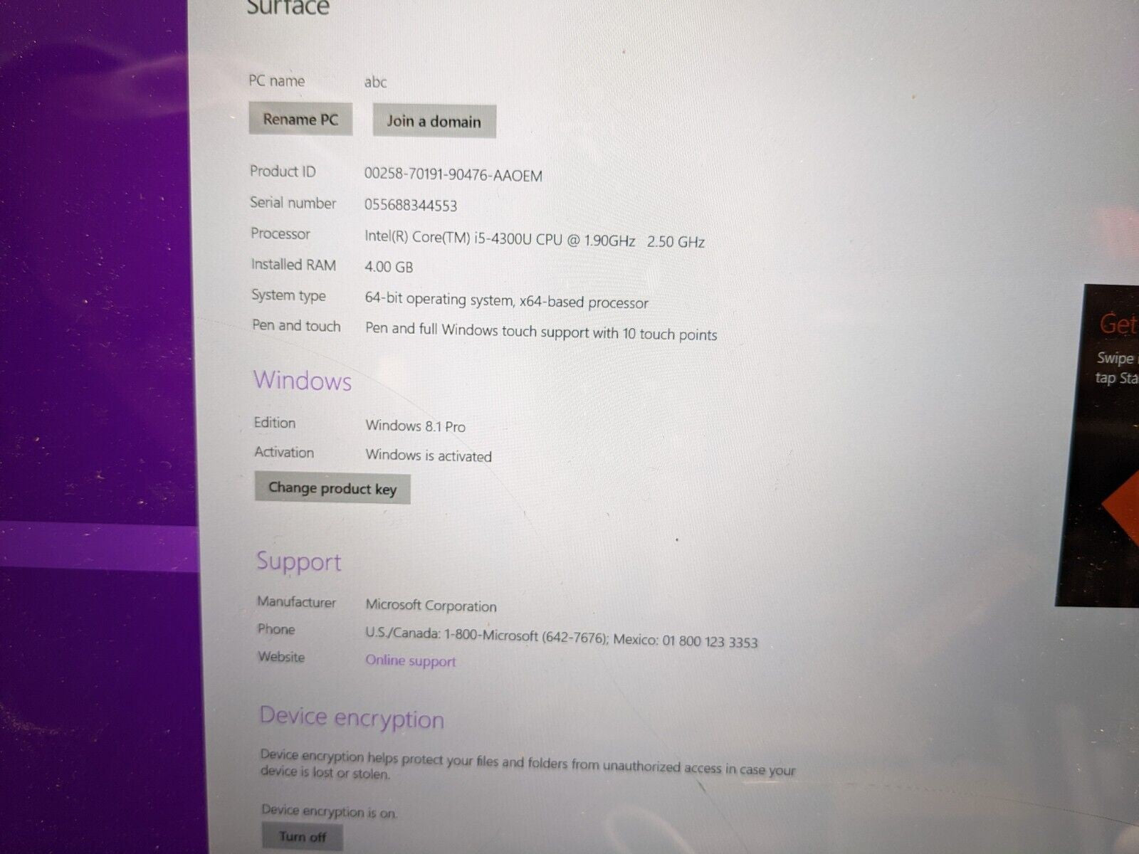 - (AS IS) Surface Pro 3 1631 i5-4300U /4GB/128GB SSD win8(LCD Cracked/NO Touch)