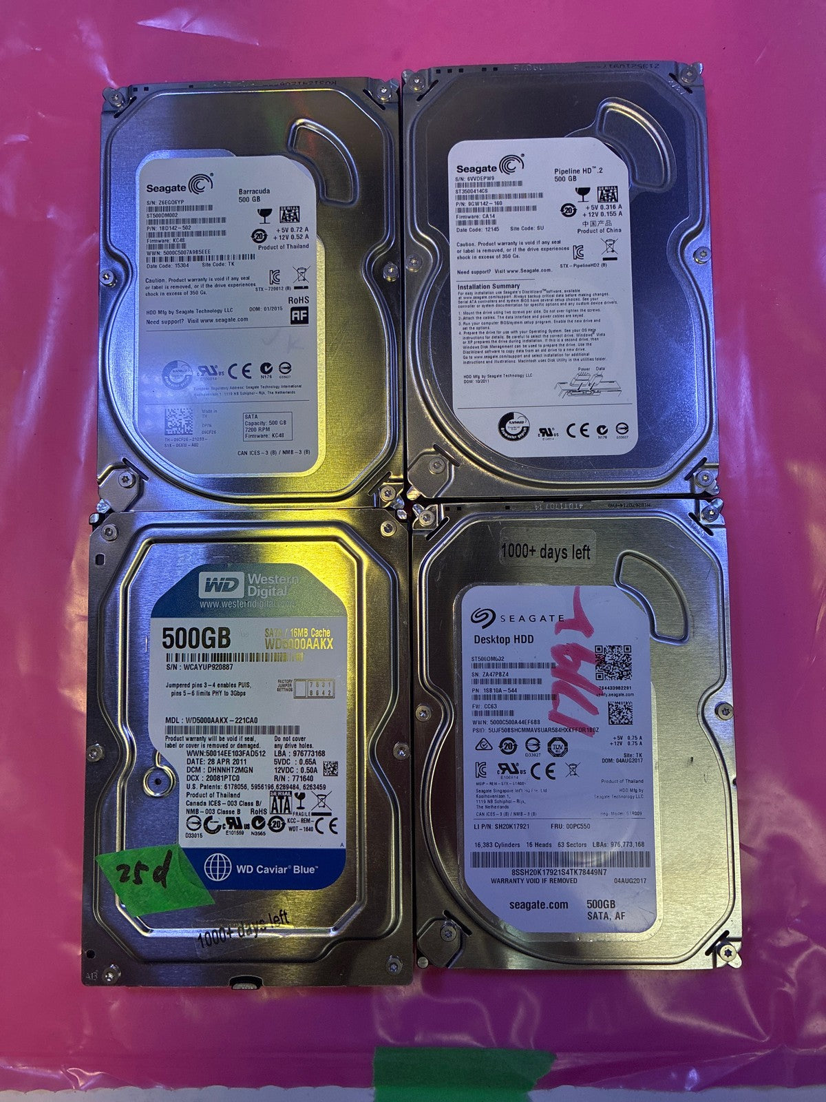 🔥 Lot of 4 Seagate WD 3.5" SATA HDD 500GB  (1000+ days lifetime remaining)