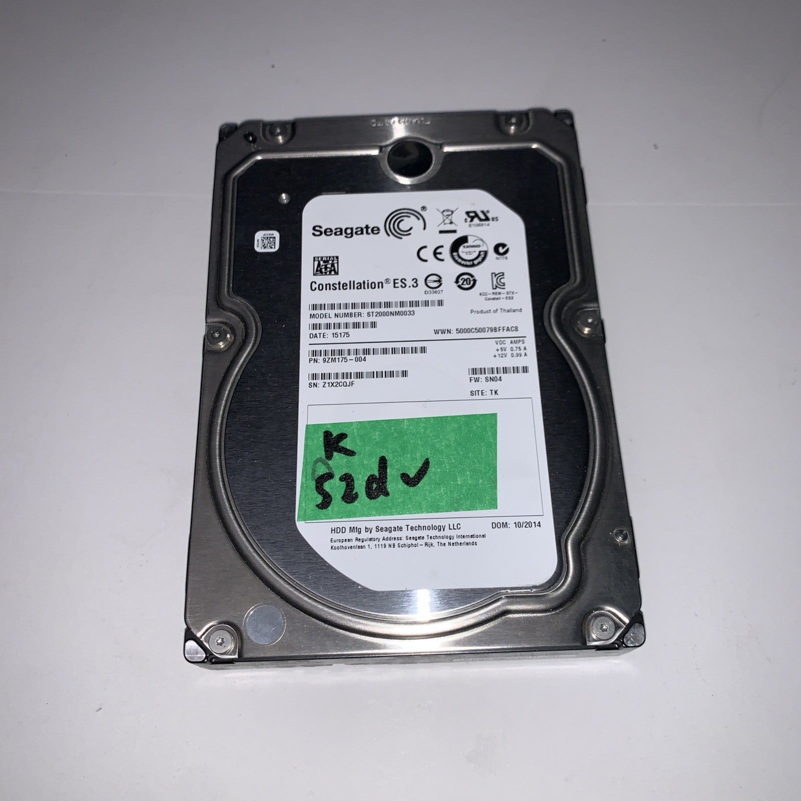 Dell Constellation ES.3 2TB ST2000NM0033 3.5 SATA hard drive (52 days used only)