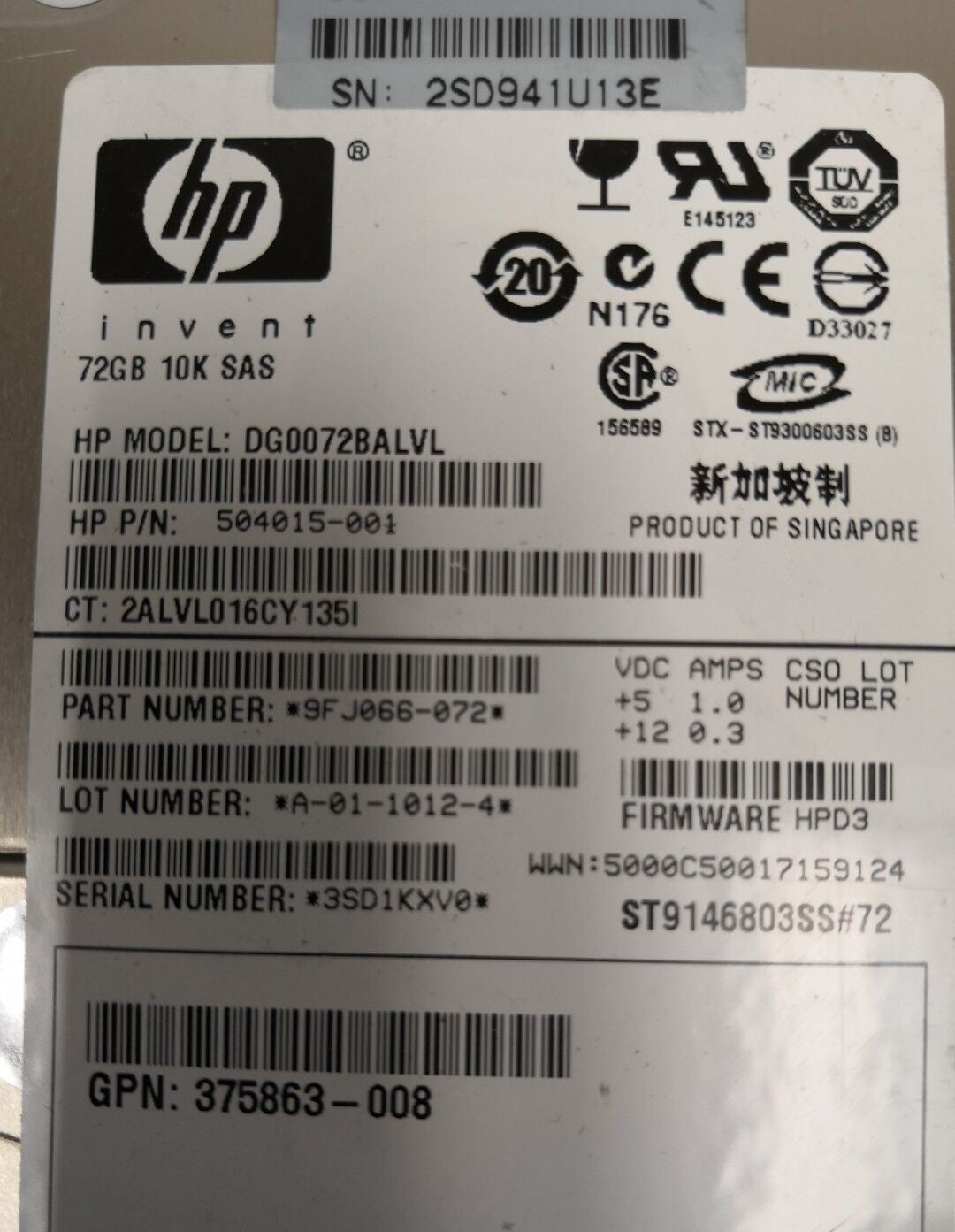 - HP DG0072BALVL 73GB 10K 2.5" SAS Server Hard Drive PN:504015-001 / 375863-008