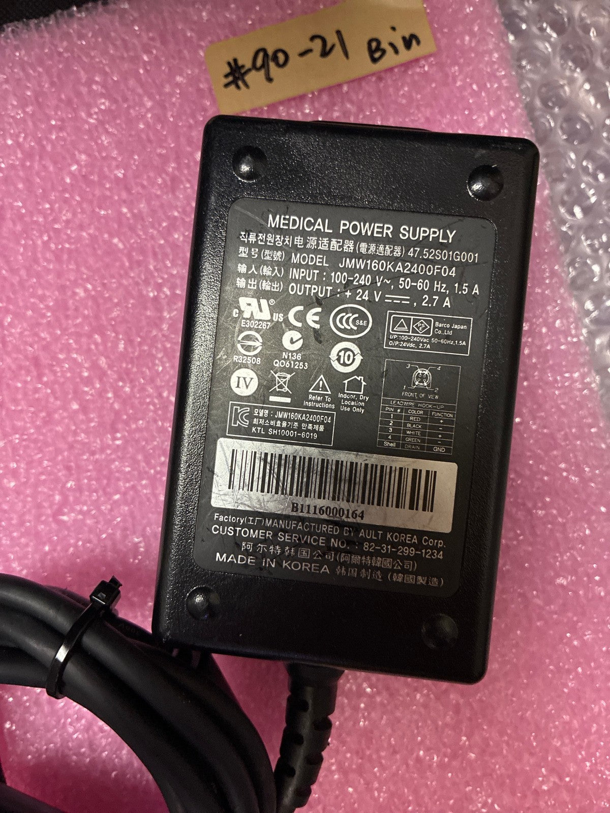 🔥 Ault JMW160KA2400F04 Medical Power Supply AC/DC Adapter 24V 2.7A Black