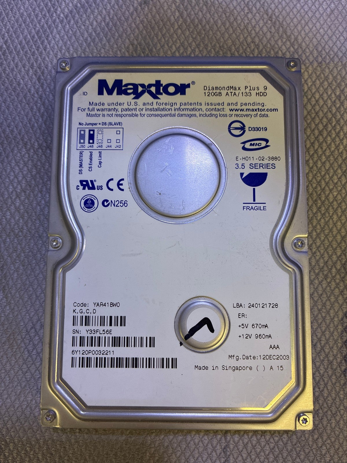 🔥 Maxtor DiamondMax Plus 9 6Y120P0032211 120GB ATA/133 IDE 3.5" HDD