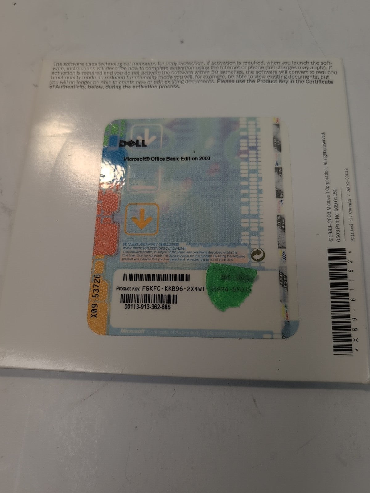 Microsoft Office Basic Edition 2003 - CD With Product Key - Dell -