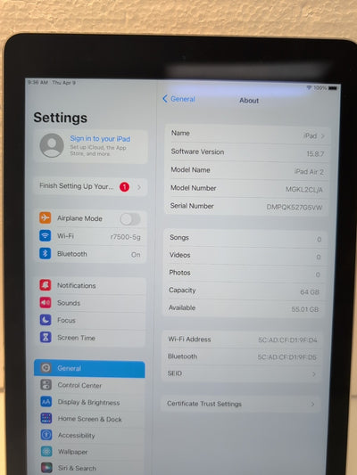 🔥 Apple iPad Air 2nd Gen (A1566) 9.7" /Space Gray/ 64GB Wi-Fi/ OS 15.8 Works  -