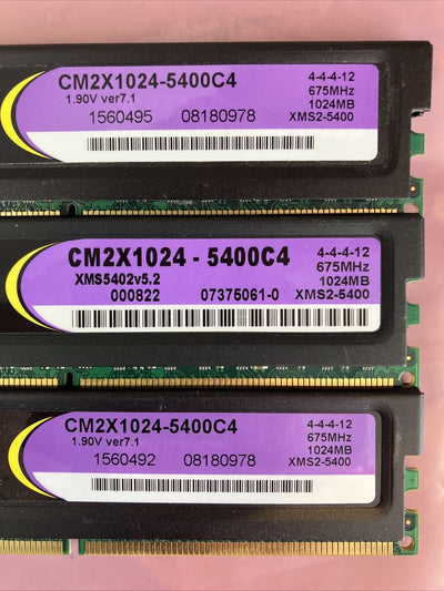 (3x 1GB) Corsair XMS PC2-6400 DDR2-800 Computer Memory RAM CM2X1024 -5400C4 ~