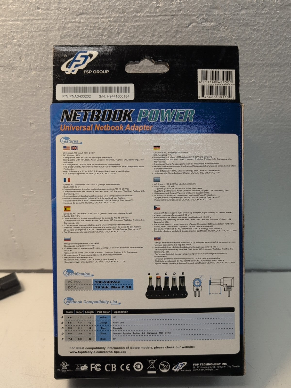 🔥 NEW IN BOX FSP GROUP Net 40 Netbook Power 40W/19V Universal Netbook Adapter -