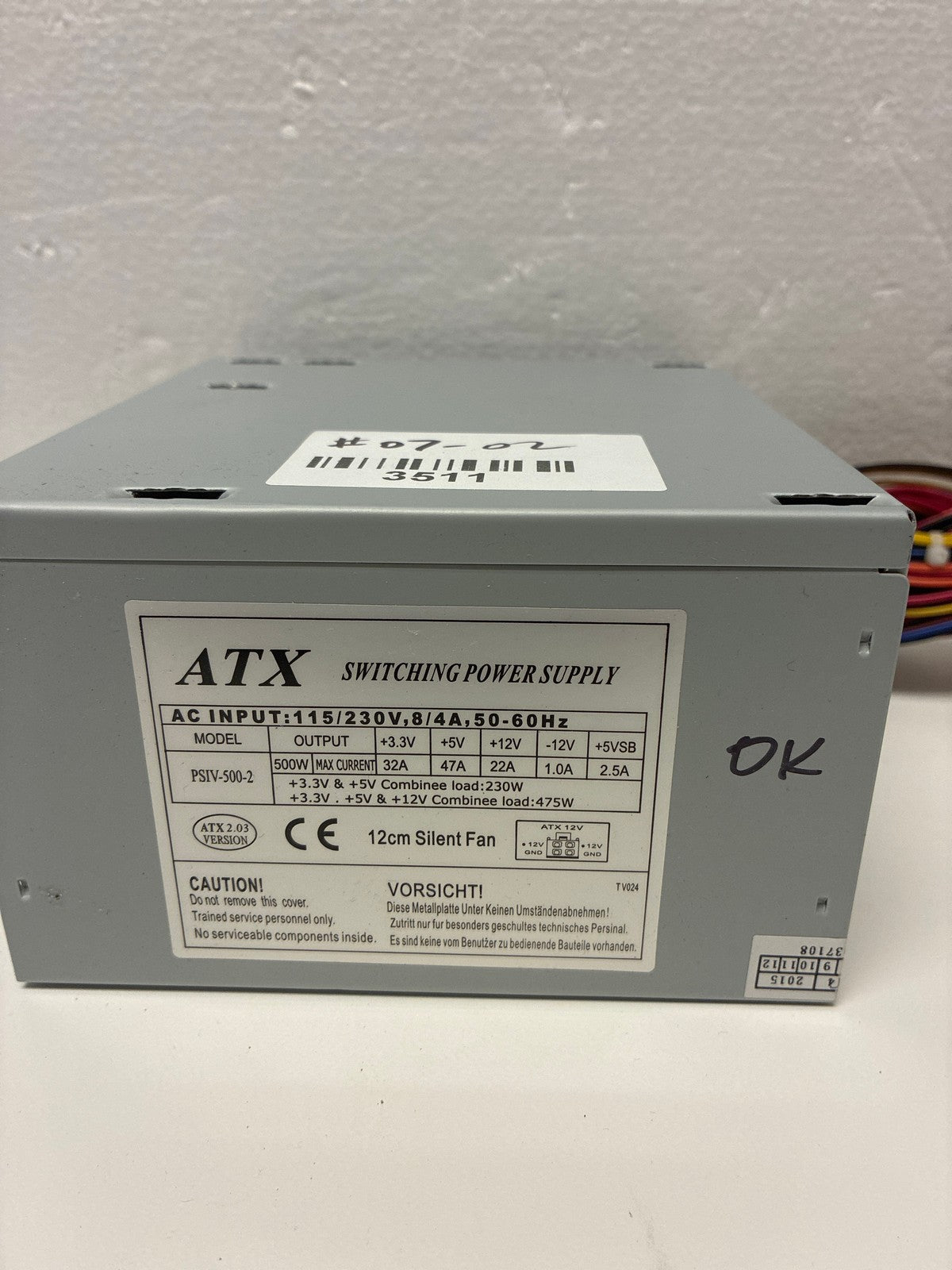 🔥 ATX Switching Power Supply 500W PSIV-500-2 Gray 12cm Fan Used Tested