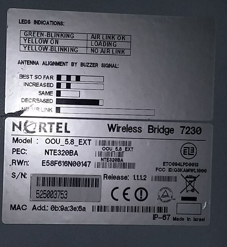 Nortel 7230 Wireless Bridge NTE320BA MODEL: OOU_58_EXT
