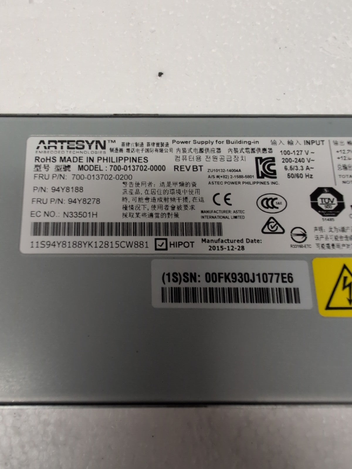 🔥 ARTESYN 700-013702-0000 94Y8188 SERVER POWER SUPPLY 550W 94Y8278 -