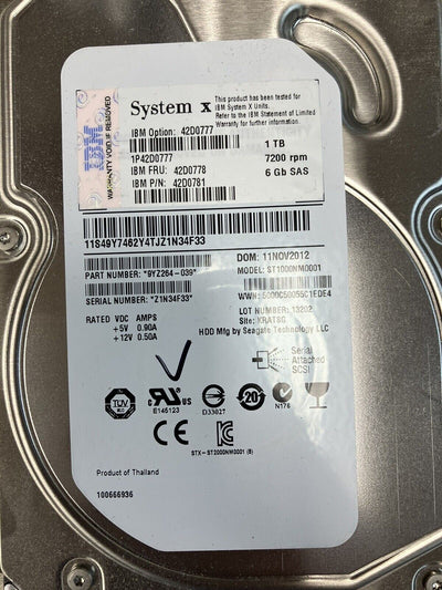 Lot Of 4 IBM 1TB 7.2K 6G 3.5” SAS 42D0778 42D0777 42D0781 HD w/ Caddy 42R4131