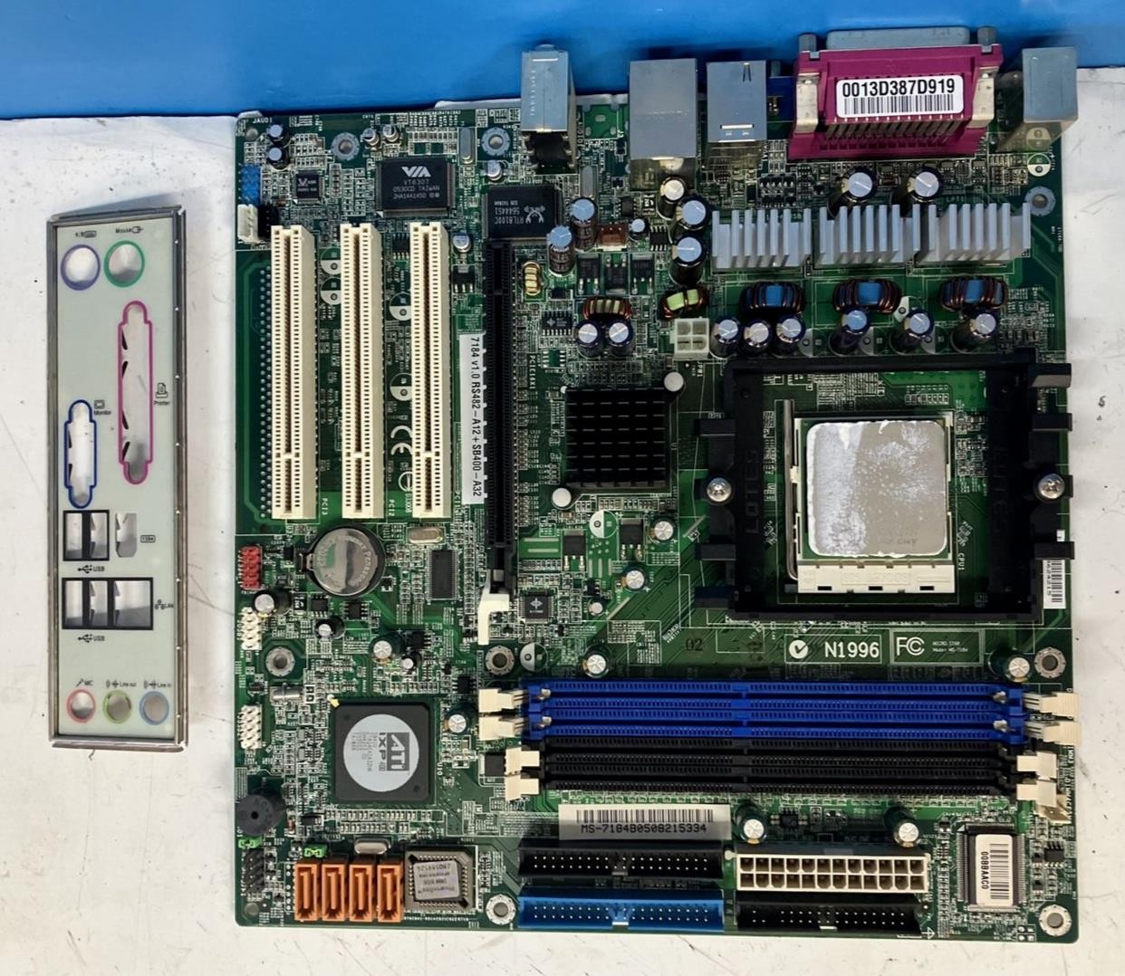 MS-7184 Motherboard 7184 V1.0 RS482-A12 SB400-A3 Socket 939 W/ AMD CPU & Plate ~