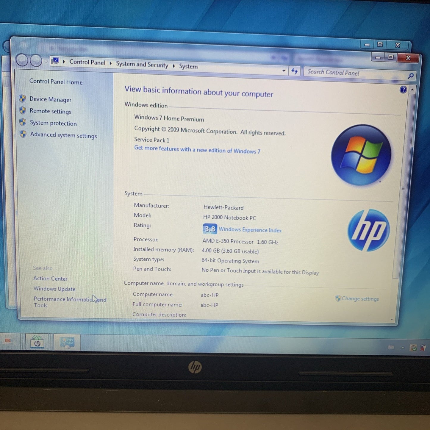 Grade A ~ HP 2000 AMD E-300 1300MHz 4GB RAM 320GB HD Windows 7 HOME (Original)