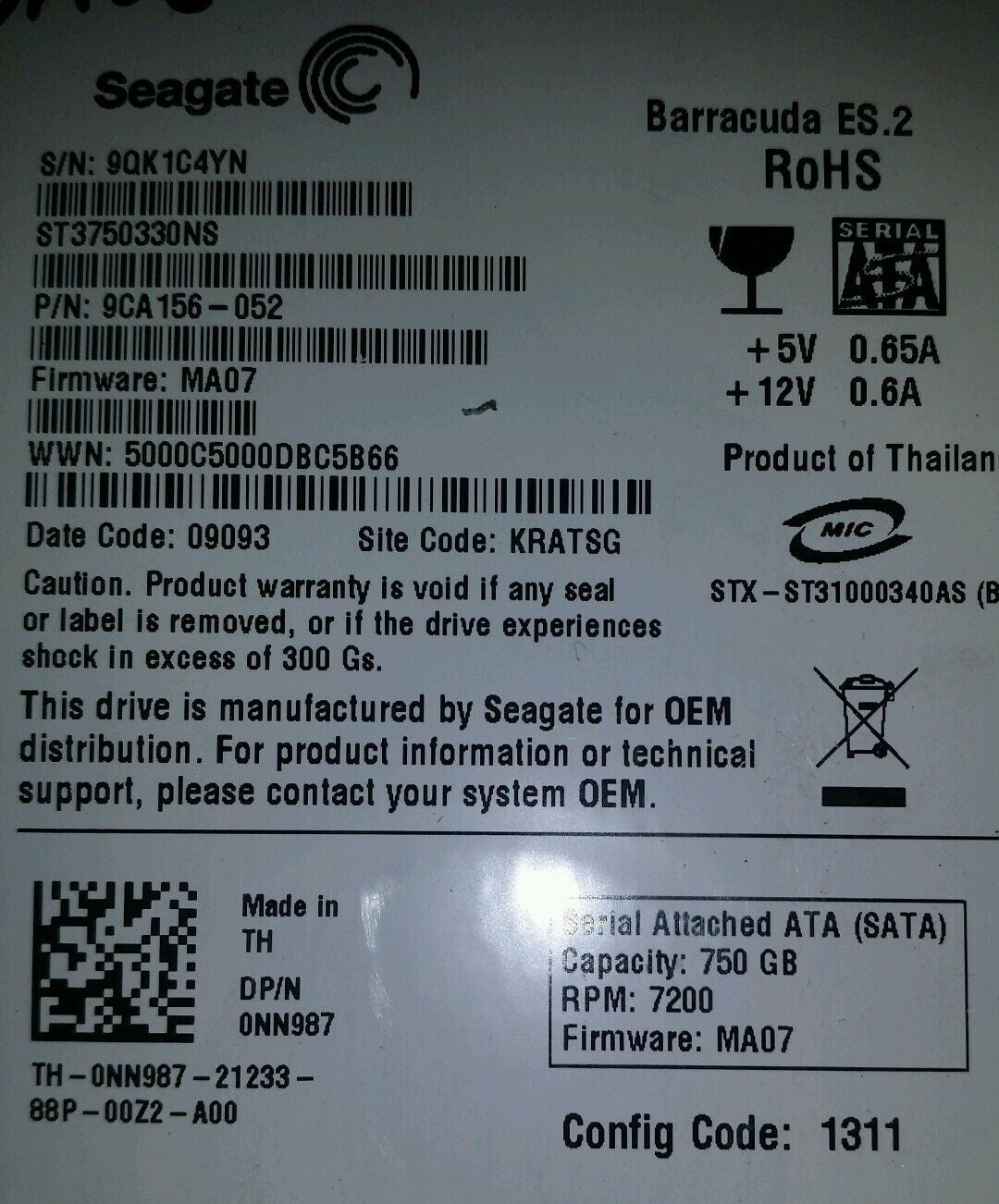 PCB - PSeagate Barracuda ES.2 ST3750330NS 750GB 3.5'' SATA Dell NN987 fw: MA07