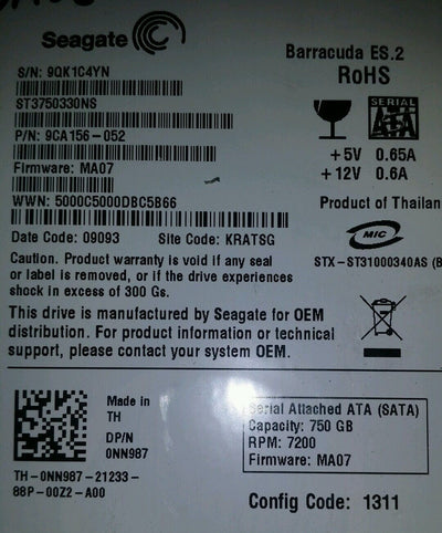 PCB - PSeagate Barracuda ES.2 ST3750330NS 750GB 3.5'' SATA Dell NN987 fw: MA07