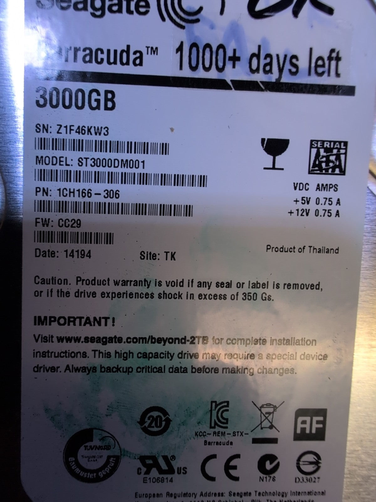 3TB Seagate Barracuda 7.2K 3.5'' SATA HDD ST3000DM001  (Used time Only 2 days) -