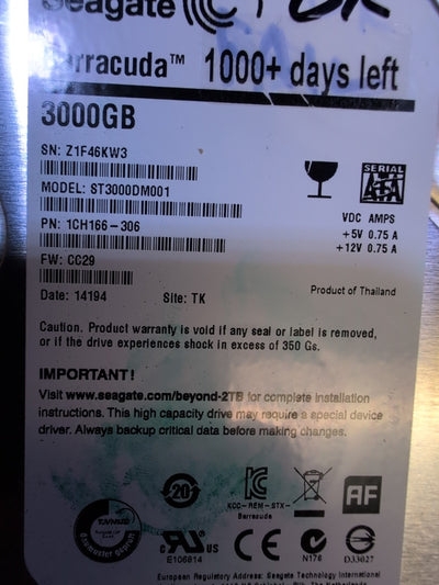 3TB Seagate Barracuda 7.2K 3.5'' SATA HDD ST3000DM001  (Used time Only 2 days) -