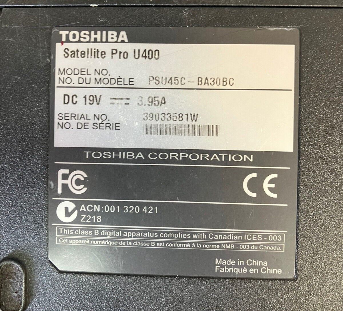 Toshiba Satellite Pro U400 13.3" Laptop C2D T5870 3GB RAM, 300GB Windows XP SP3