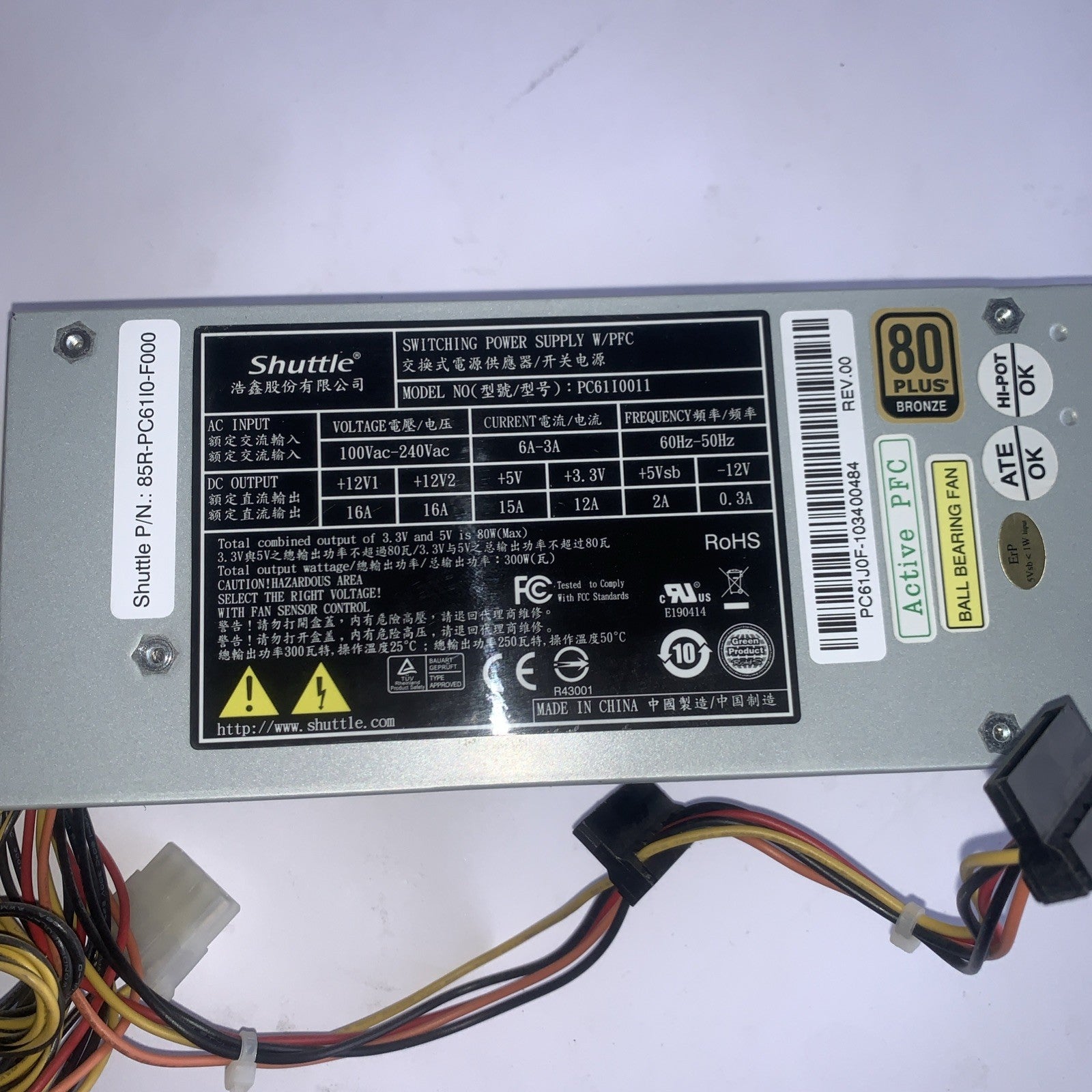 Shuttle PC6110011 300W Power Supply 85R-PC6110-F000 w/ PFC Tested Working