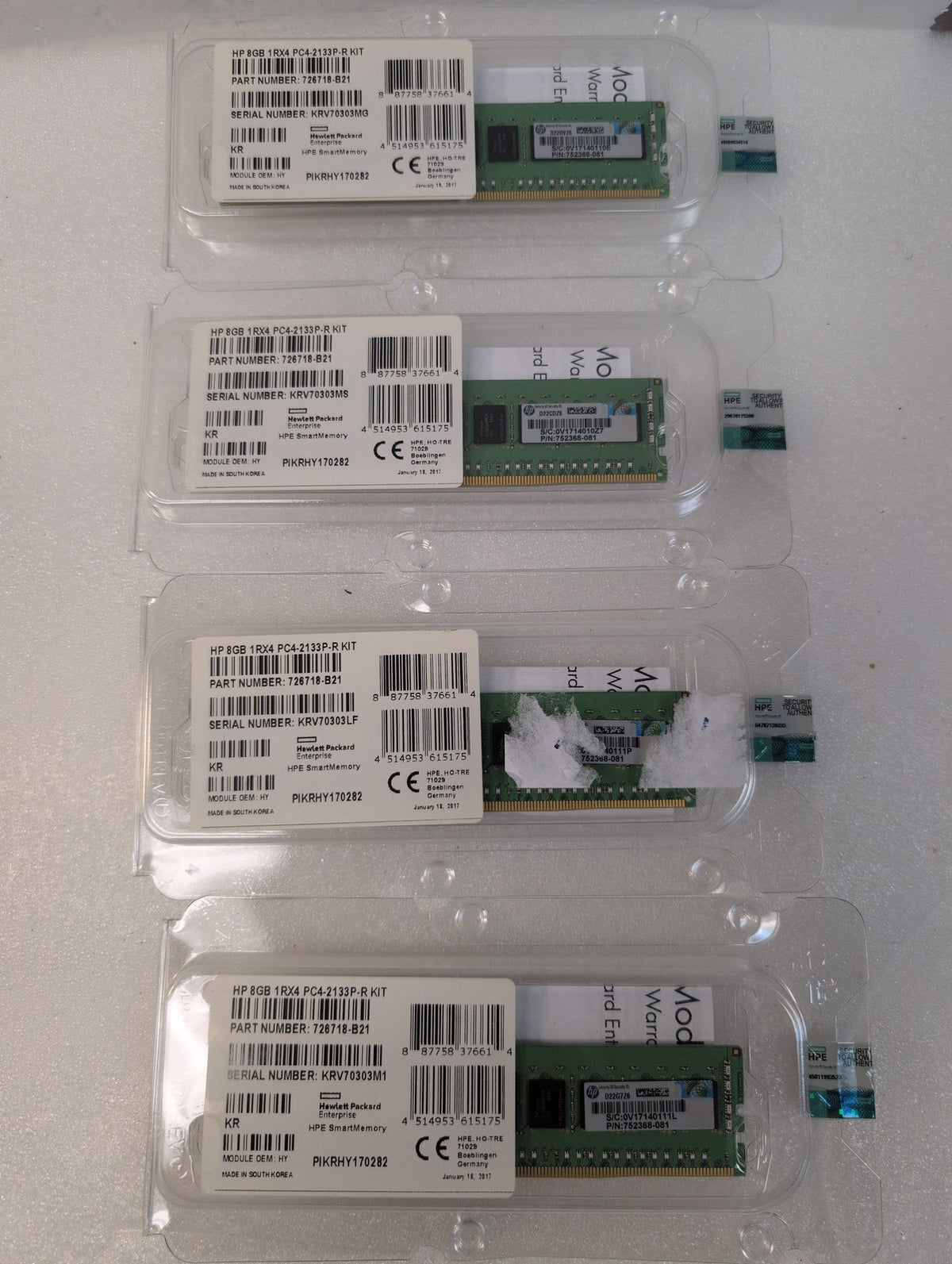 🎸 4x NEW SEALED HP 726718-B21 8GB 1Rx4 PC4-2133P-R DDR4 RDIMM Server Memory