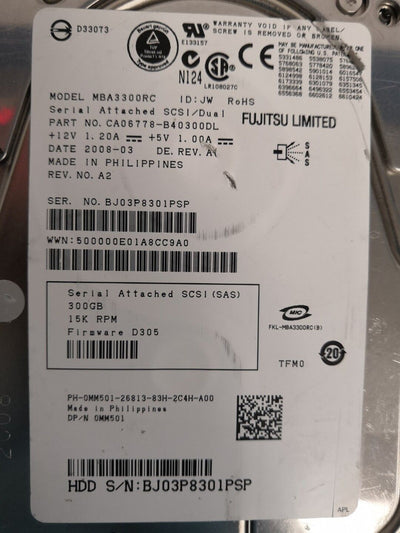 + DELL/FUJITSU 15K MBA3300RC 300GB SAS HARD DRIVE P/N:0MM501 F/W:D305 @@@