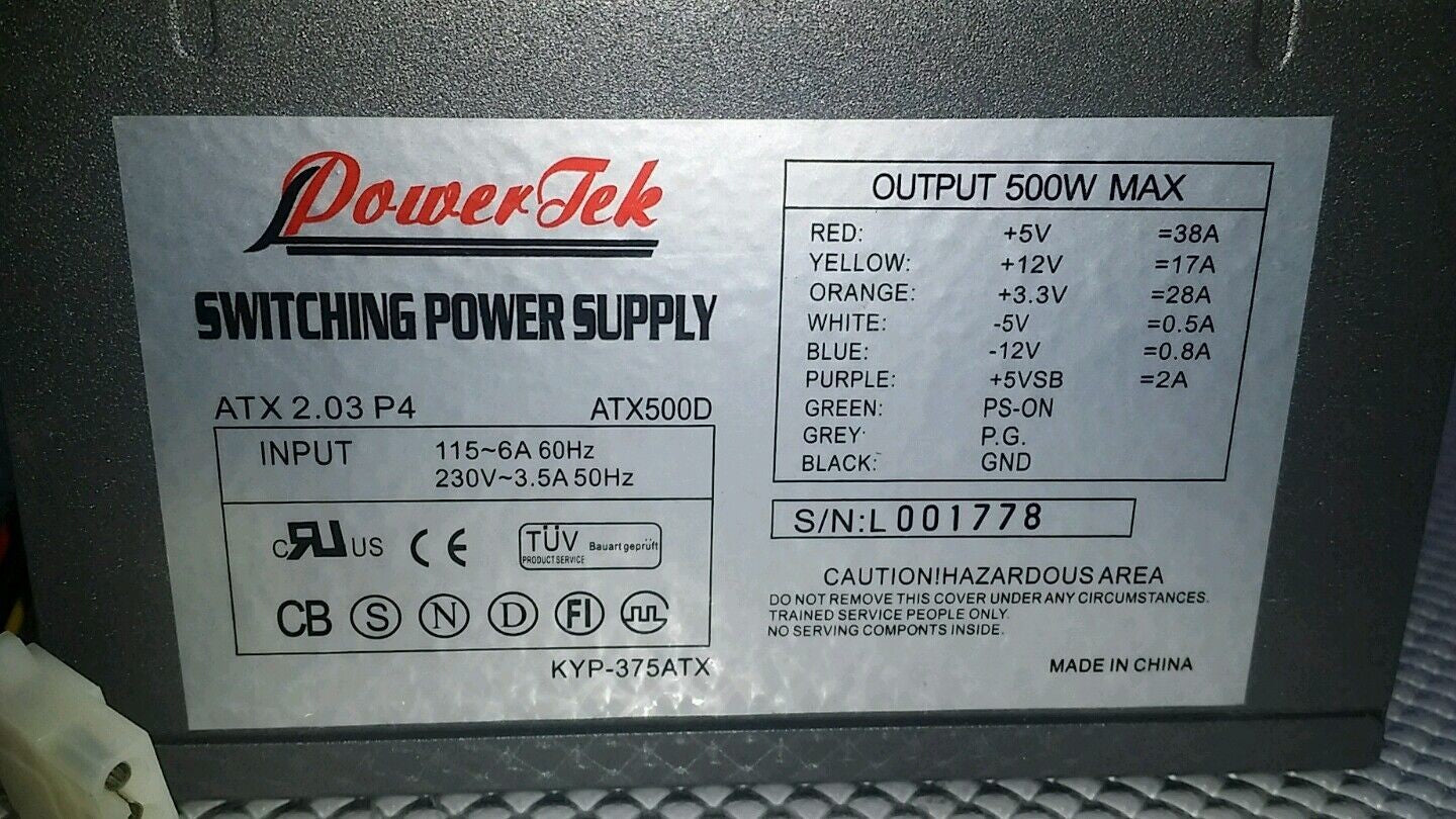 Power TEK ATX500D Switching Power Supply