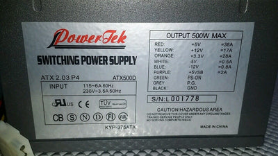 Power TEK ATX500D Switching Power Supply