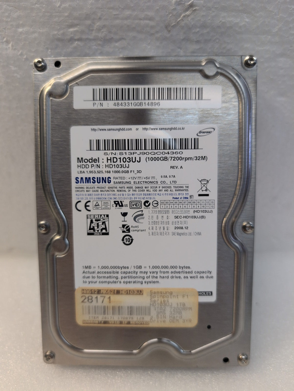 🎸 Samsung HD103UJ 1TB 7200RPM 3.5in SATA Internal Hard Drive (19 hours used)