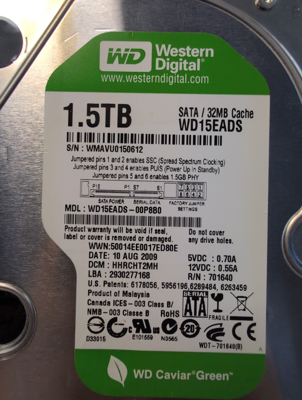 🎸 Western Digital Caviar Green 1.5TB SATA 3.5" Desktop HDD WD15EADS-00P8B0